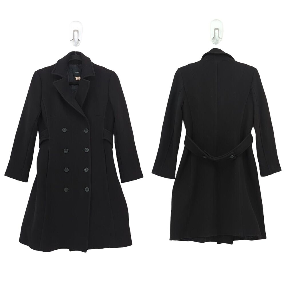 J Crew Women 4 Double Breasted Trench Coat Black Wool Blend Nylon Collar FLAW